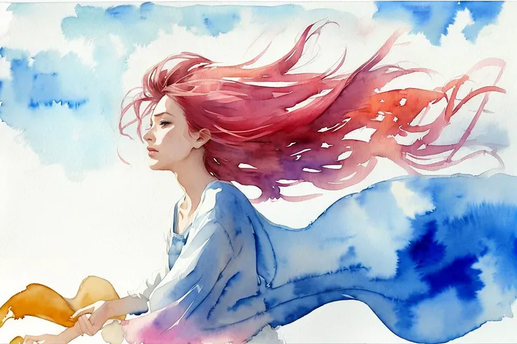 watercolor painting, vibrant, the most beautiful woman in the world, wind blowing hair,