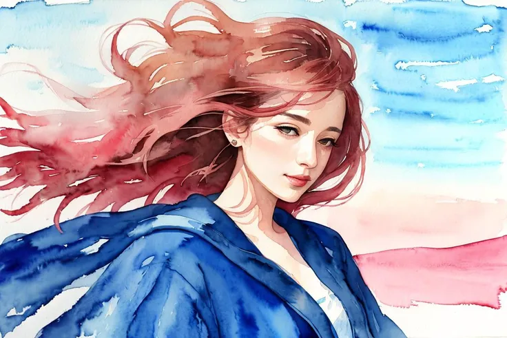 watercolor painting, vibrant, the most beautiful woman in the world, wind blowing hair,