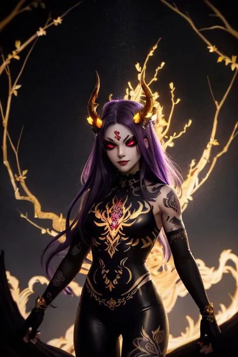 high quality. masterpiece, 8k, street, tree, road, tree canopy, upper body, face focus, 1girl, arrogant, mei, horns, long hair, (purple eyes:1.1), purple Amethyst hair, evil smile, big grin, golden red copper sliver tattoo black leggings, Amethyst laced glow tattoo black bodystockings, lace fractal red and golden glow enhanced skeleton Amethyst black tattoo bodysuit, red flower tattoo, long glow hair, glow golden earrings, red eyes, white face, tattoo mark mask tattoo, arrogant, she is standing, sunlit, weak lights and shadow, tree canopy, street, red flowers, evergreen, face focus,