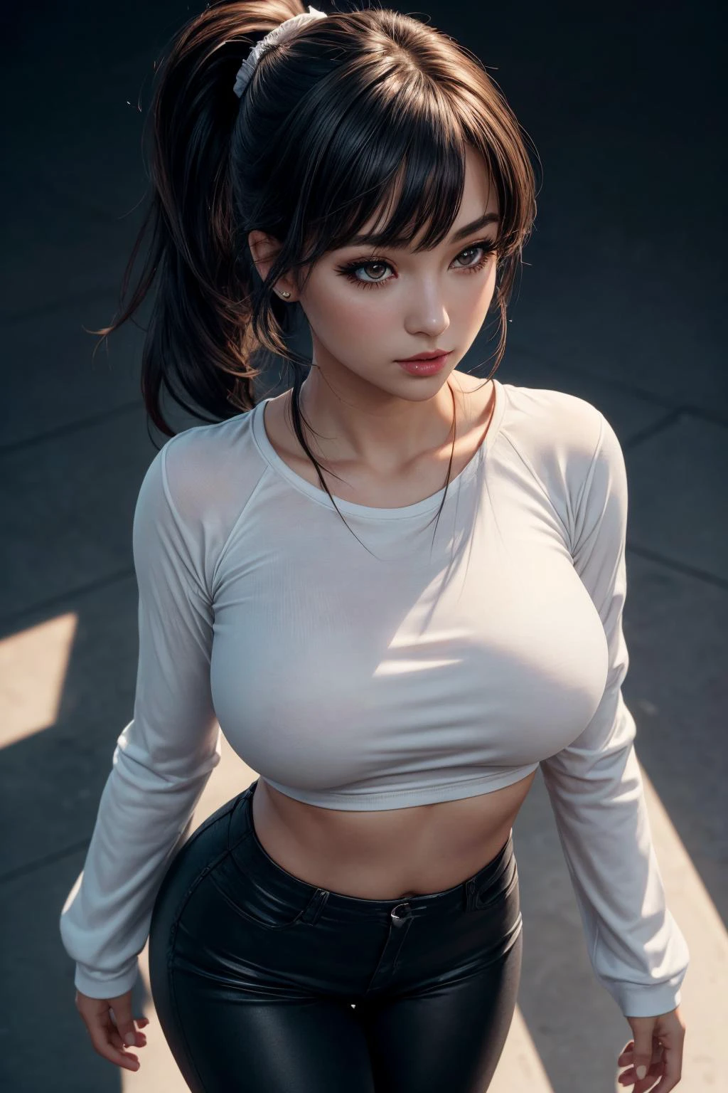 (ultra realistic,32k, masterpiece:1.2),(high detailed skin:1.1),( 8k uhd, dslr, high quality:1.1),
1girl, black hair, ponytail and bangs,(white tight long top, long sleeves:1.1),, , <lora:add_detail:0.91>, (red lips:0.8), (mascara:1.1),(huge breast:0.9),
(looking at viewer, standing, from above:1.1),
,(glowwave:1.1),blank background