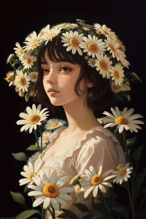an impressionist painting (high quality:1.2), (best quality:1.2), (masterpiece:1.2), official art, official wallpaper, surreal, (detailed purchase, detailed Ineffable Intimacy, daisy:1.2) (detailed:1.05), (extremely detailed:1.06), sharp focus, (intricate:1.03), (extremely intricate:1.04), (black background:1.1), beautiful face,