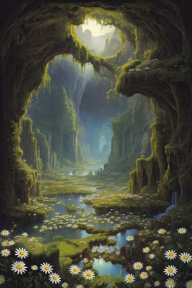 a painting (high quality:1.2), (best quality:1.2), (masterpiece:1.2), official art, official wallpaper, surreal, (detailed tectonics, detailed Mellifluous Oasis, daisy:1.2) (detailed:1.05), (extremely detailed:1.06), sharp focus, (intricate:1.03), (extremely intricate:1.04), (black background:1.1), beautiful face,