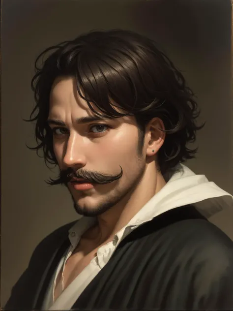 masterpiece, oil painting of a man painting an oil painting, eyes open, clear eyes, rugged, moustache, masculine
