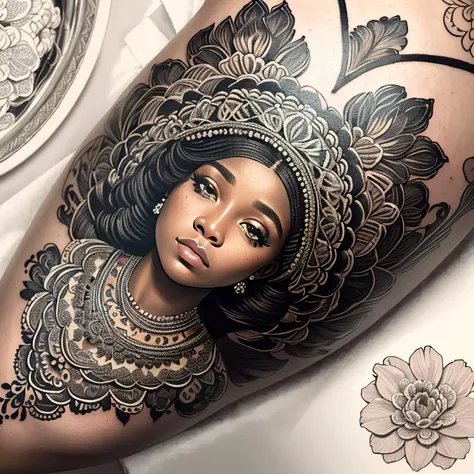 tattoo,     Pulsating, a stipple, a Nigerian woman named Olivia,  carnation, detailed background, ((masterpiece, high quality, highly detailed, intricate detail))
