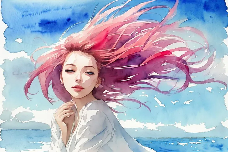 watercolor painting, vibrant, the most beautiful woman in the world, wind blowing hair,