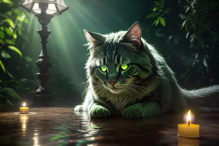Druidic housecat breathtaking, hyperrealistic, hyperdetailed, intricate detail, maximum fidelity, ultra high detail, ultra HD, Panavision Millennium DXL2 8k professional RAW photography, luminous reflections, rtx on, subspace scattering, (subsurface scattering:1.1), dynamic hdr tone mapping, (volumetric lighting:1.2), (screenspace reflection:0.7), (Physically-Based Rendering:1.35), (Unity Wata environmental lighting:0.4), maximal attention to correctness and detail, BREAK (lighting, bright yellow highlights, dark green shadows, candlelight midtones) uppos-pt uppos-kw