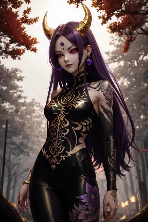 high quality. masterpiece, 8k, street, tree, road, tree canopy, upper body, face focus, 1girl, arrogant, mei, horns, long hair, (purple eyes:1.1), purple Amethyst hair, evil smile, big grin, golden red copper sliver tattoo black leggings, Amethyst laced glow tattoo black bodystockings, lace fractal red and golden glow enhanced skeleton Amethyst black tattoo bodysuit, red flower tattoo, long glow hair, glow golden earrings, red eyes, white face, tattoo mark mask tattoo, arrogant, she is standing, sunlit, weak lights and shadow, tree canopy, street, red flowers, evergreen, face focus,