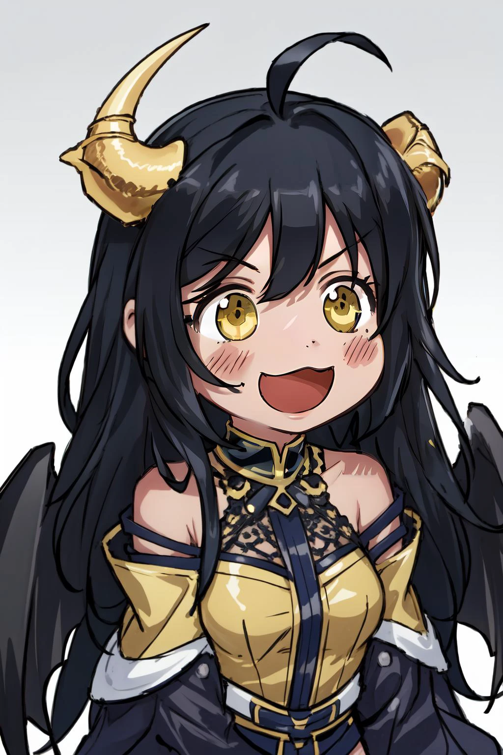 (masterpiece, best quality), intricate details,
1girl, <lora:albedotest:0.8> albedo, ahoge, black hair, horns, long hair, (yellow eyes:1.3),, bare hips, bare shoulders, black wings,
ohayou, <lyco:ohayou locon:0.8> open mouth, excited, blushing,