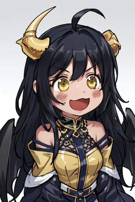 (masterpiece, best quality),  intricate details,
1girl,    <lora:albedotest:0.8> albedo, ahoge, black hair, horns, long hair, (yellow eyes:1.3),, bare hips, bare shoulders, black wings, 
 ohayou,  <lyco:ohayou locon:0.8> open mouth, excited, blushing,