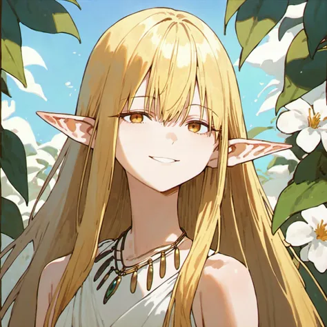 score_9, score_8_up, score_7_up, <lora:serie_ponyxl_v8:0.7> 1girl, serie, long hair, blonde hair, pointy ears, yellow eyes, half-closed eyes, gradient eyes, white dress, bare shoulders, necklace, jewelry, white flower, twig, summer, portrait, face, smile, circle