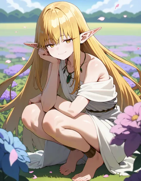 score_9, score_8_up, score_7_up, <lora:serie_ponyxl_v8:0.7> 1girl, serie, long hair, blonde hair, pointy ears, yellow eyes, half-closed eyes, gradient eyes, white dress, bare shoulders, necklace, jewelry, anklet, squatting, barefoot, off shoulder, flower field, rainbow flare, rainbow gradient, floating, petals, depth of field, smug