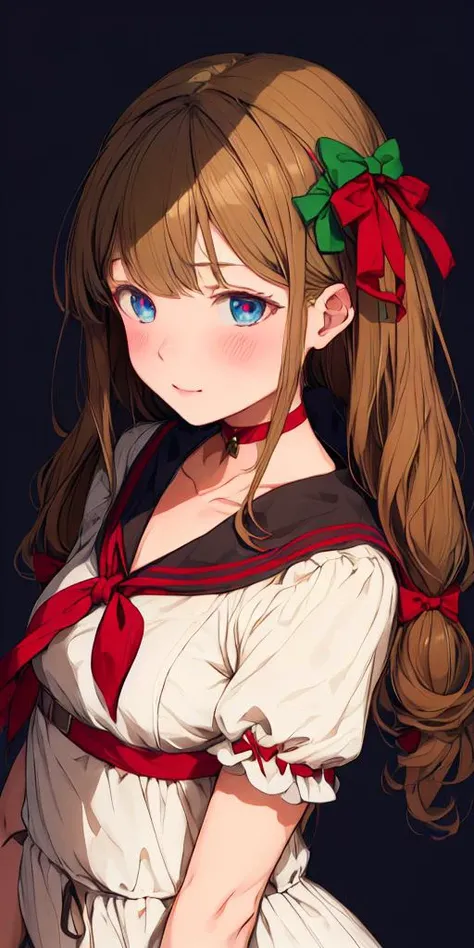 kakyoin chieri,solo,1girl,<lora:kakyoin chieri:0.8>,1girl, solo, green bow, brown hair, blue eyes, long hair, bow, hair bow, , bangs, twintails, upper body, red neckerchief, hair ornament, collarbone, sailor collar, short sleeves, neckerchief, puffy sleeves, serafuku, waving, black sailor collar, blush, cherry hair ornament, blunt bangs,<lora:flat2:-0.5>,<lora:boldline2:-0.5>,<lora:saturation:0.5>,<lora:noline:-0.5>,<lora:flatBG:0.5>,<lyco:kotobuki:-0.75>