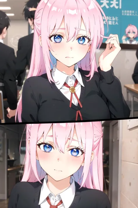 Masterpiece,best quality,1girl,nsfw,<lora:shikimori-000008:0.7>,pink hair,long hair,blue eyes,hair between eyes,bangs,blush,,school uniform,comics,multiple view, multiple frames,sexy,shy