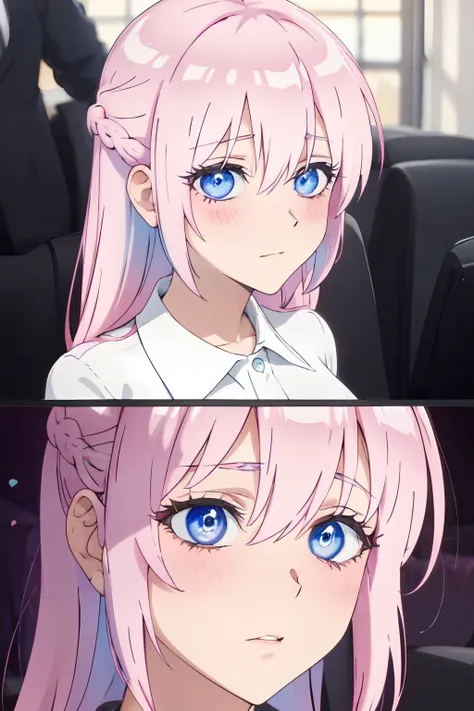 Masterpiece,best quality,nsfw,<lora:shikimori:0.7>,pink hair,long hair,blue eyes,hair between eyes,bangs,blush,makeup,comics, multiple view, multiple frames, different views,medium breasts, hearts