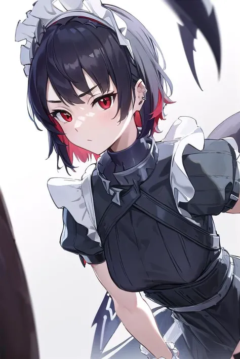 ellenjoe, <lora:ellen joe-lora-nochekaiser:1>,
ellen joe, black hair, colored inner hair, multicolored hair, (red eyes:1.3), red hair, short hair, two-tone hair,
BREAK bapron, black pantyhose, black shirt, black skirt, ear piercing, fins, fish tail, maid, maid apron, maid headdress, pantyhose, piercing, puffy short sleeves, puffy sleeves, shark girl, shark tail, shirt, short sleeves, skirt, tail, two-tone hair, wrist cuffs,
BREAK outdoors, city, sky, clouds, sun, buildings, crowd, people, alley,
BREAK looking at viewer, (cowboy shot:1.5),
BREAK <lyco:GoodHands-beta2:1>, (masterpiece:1.2), best quality, high resolution, unity 8k wallpaper, (illustration:0.8), (beautiful detailed eyes:1.6), extremely detailed face, perfect lighting, extremely detailed CG, (perfect hands, perfect anatomy),