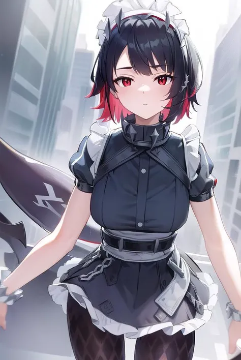ellenjoe, <lora:ellen joe-lora-nochekaiser:1>,
ellen joe, black hair, colored inner hair, multicolored hair, (red eyes:1.3), red hair, short hair, two-tone hair,
BREAK bapron, black pantyhose, black shirt, black skirt, ear piercing, fins, fish tail, maid, maid apron, maid headdress, pantyhose, piercing, puffy short sleeves, puffy sleeves, shark girl, shark tail, shirt, short sleeves, skirt, tail, two-tone hair, wrist cuffs,
BREAK outdoors, city, sky, clouds, sun, buildings, crowd, people, alley,
BREAK looking at viewer, (cowboy shot:1.5),
BREAK <lyco:GoodHands-beta2:1>, (masterpiece:1.2), best quality, high resolution, unity 8k wallpaper, (illustration:0.8), (beautiful detailed eyes:1.6), extremely detailed face, perfect lighting, extremely detailed CG, (perfect hands, perfect anatomy),