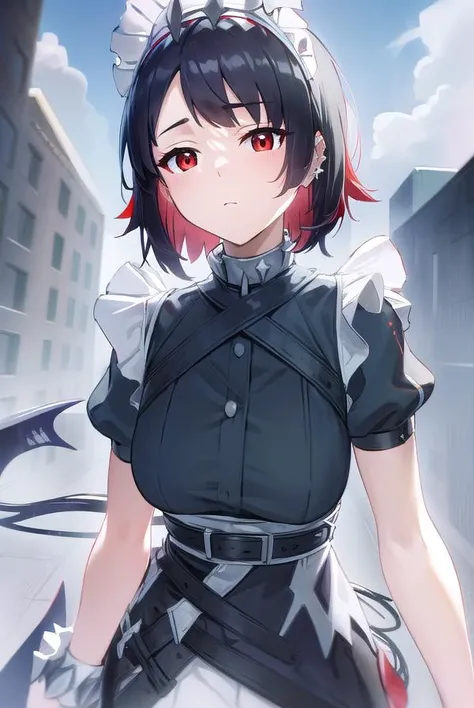 ellenjoe, <lora:ellen joe-lora-nochekaiser:1>,
ellen joe, black hair, colored inner hair, multicolored hair, (red eyes:1.3), red hair, short hair, two-tone hair,
BREAK bapron, black pantyhose, black shirt, black skirt, ear piercing, fins, fish tail, maid, maid apron, maid headdress, pantyhose, piercing, puffy short sleeves, puffy sleeves, shark girl, shark tail, shirt, short sleeves, skirt, tail, two-tone hair, wrist cuffs,
BREAK outdoors, city, sky, clouds, sun, buildings, crowd, people, alley,
BREAK looking at viewer, (cowboy shot:1.5),
BREAK <lyco:GoodHands-beta2:1>, (masterpiece:1.2), best quality, high resolution, unity 8k wallpaper, (illustration:0.8), (beautiful detailed eyes:1.6), extremely detailed face, perfect lighting, extremely detailed CG, (perfect hands, perfect anatomy),