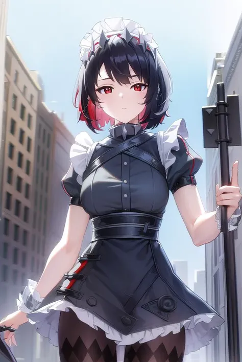 Anti-Joe, Ugly Joe, Black Hair, Colored undercoat, multicoloRed hair, (Red Eyes:1.3), Red hair, short hair, Two-tone hair,
rest bapron, black Pantyhose, black shirt, black skirt, ear punching, arrive, fish Tail, maid, maid apron, maid headdress, Pantyhose, punching, puffy Short sleeve, Puff sleeves, Shark Girl, shark Tail, shirt, Short sleeve, skirt, Tail, Two-tone hair, Wrist sleeves,
rest outdoors, City, Sky, cloud, sun, architecture, crowd, people, alley,
rest looking at viewer, (Cowboy shooting:1.5),
rest (masterpiece:1.2), best quality, high resolution, Unity 8K wallpaper, (illustration:0.8), (beautiful deTailed eyes:1.6), extremely deTailed face, Perfect lighting, extremely deTailed CG, (Perfect hands, Perfect anatomical structure),