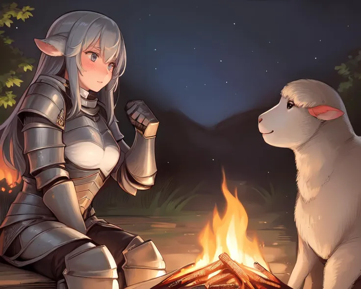 <lyco:tsuda_nanafushi-NAI-LyCORIS:0.8>
a sheep_girl wearing armor sitting at a campfire, outdoors, at night