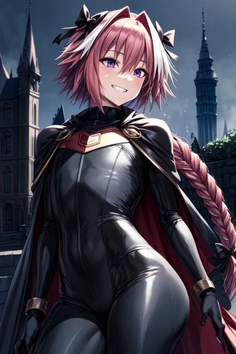 (masterpiece, best quality, ultra detailed, absurdres)1.5, 1boy, (sexy, perfect face, perfect eyes, perfect female body)1.5, (Astolfo, long braid, white hair, purple eyes, hair bow, black bow, pink hair, single braid, long hair, hair intakes, streaked hair, long braid, braid, hair between eyes, grin, DarkIrregCh, bodysuit, cape, <lora:Astolfo:0.7>, <lora:DarkIrregCh:0.8>), (standing, French castle), night, smooth, hdr, <lora:more_details:0.7>