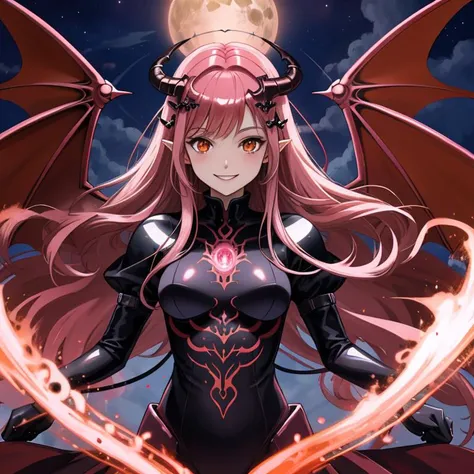 best quality, masterpiece, highres, detailed, digital artwork, <lora:Detail - add_detail:0.2>, DarkIrregCh, bodysuit, night, <lyco:DarkIrregCh:0.8>, BREAK evil smile, pink hair ornament, brown hair, orange eyes, magic, white liquid, demon wings, succubus,