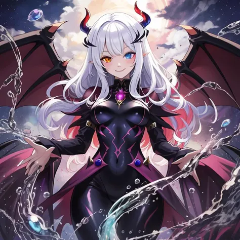 best quality, masterpiece, highres, detailed, digital artwork, <lora:Detail - add_detail:0.2>, DarkIrregCh, bodysuit, night, <lyco:DarkIrregCh:0.8>, BREAK evil smile, hair ornament, multicolored hair, heterochromia, magic, white liquid, demon wings, succubus,