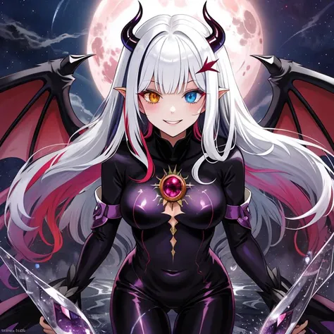 best quality, masterpiece, highres, detailed, digital artwork, <lora:Detail - add_detail:0.2>, DarkIrregCh, bodysuit, night, <lyco:DarkIrregCh:0.8>, BREAK evil smile, hair ornament, multicolored hair, heterochromia, magic, white liquid, demon wings, succubus,