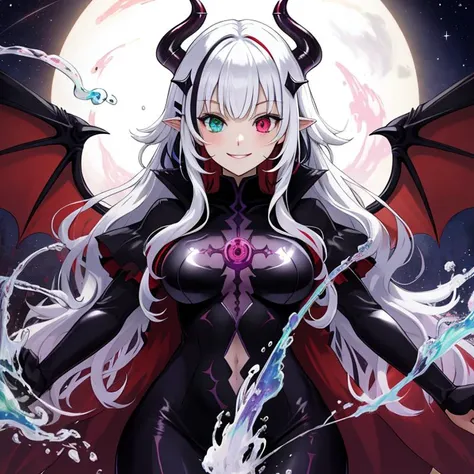 best quality, masterpiece, highres, detailed, digital artwork, <lora:Detail - add_detail:0.2>, DarkIrregCh, bodysuit, night, <lyco:DarkIrregCh:0.8>, BREAK evil smile, hair ornament, multicolored hair, heterochromia, magic, white liquid, demon wings, succubus,