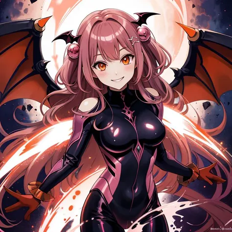 best quality, masterpiece, highres, detailed, digital artwork, <lora:Detail - add_detail:0.2>, DarkIrregCh, bodysuit, night, <lyco:DarkIrregCh:0.8>, BREAK evil smile, pink hair ornament, brown hair, orange eyes, magic, white liquid, demon wings, succubus,