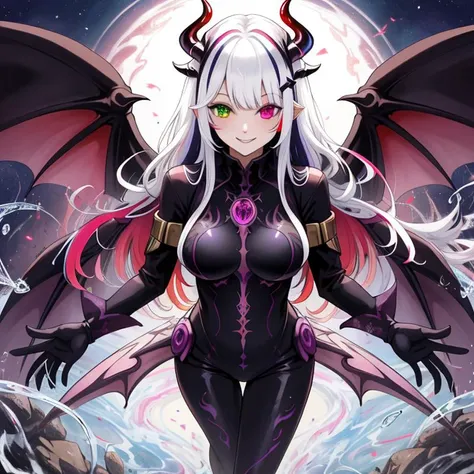 best quality, masterpiece, highres, detailed, digital artwork, <lora:Detail - add_detail:0.2>, DarkIrregCh, bodysuit, night, <lyco:DarkIrregCh:0.8>, BREAK evil smile, hair ornament, multicolored hair, heterochromia, magic, white liquid, demon wings, succubus,