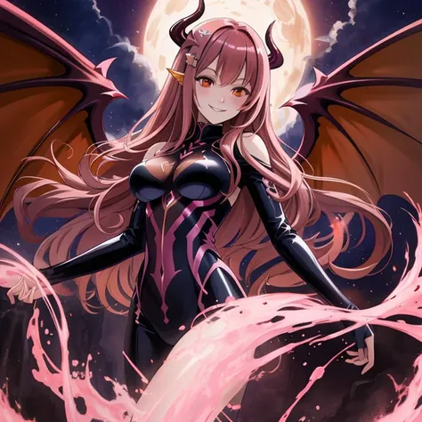 best quality, masterpiece, highres, detailed, digital artwork, <lora:Detail - add_detail:0.2>, DarkIrregCh, bodysuit, night, <lyco:DarkIrregCh:0.8>, BREAK evil smile, pink hair ornament, brown hair, orange eyes, magic, white liquid, demon wings, succubus,