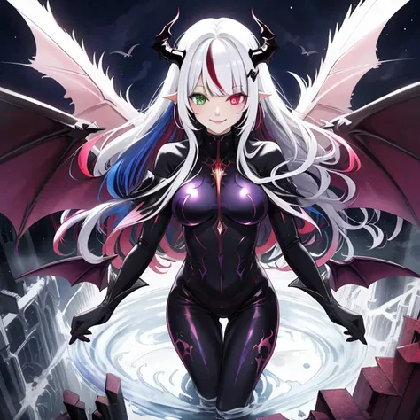 best quality, masterpiece, highres, detailed, digital artwork, <lora:Detail - add_detail:0.2>, DarkIrregCh, bodysuit, night, <lyco:DarkIrregCh:0.8>, BREAK evil smile, hair ornament, multicolored hair, heterochromia, magic, white liquid, demon wings, succubus,