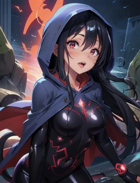 best quality, masterpiece, highres, detailed, digital artwork, <lora:Detail - add_detail:0.2>, DarkIrregCh, bodysuit, cape, night, <lyco:DarkIrregCh:0.8>, BREAK 1girl, Hoshimi, black hair, red eyes, glowing eyes, licking lips, long tongue, devil's tail, <lora:Character - Hoshimi:0.7>, magical runes, tattoo, glowing tattoo, hood, long hair,