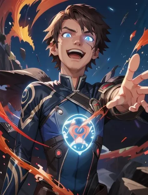 best quality, masterpiece, highres, detailed, digital artwork, <lora:Detail - add_detail:0.2>,  DarkIrregCh, bodysuit, night, <lyco:DarkIrregCh:0.8>, BREAK   1boy, JaceMind, brown hair, blue eyes, evil smile, glowing tattoo, magic, glowing eyes, agitated, open mouth, <lora:Character - JaceM:0.6>, short hair,