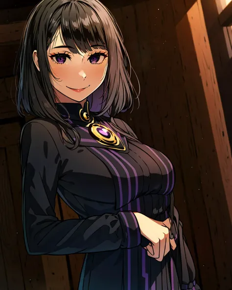 an illustration in the art-style of <lora:JellyTitsV3-000008:0.8>, art by JellyTits, <lora:ElsaGranhiert:1>, ElsaGranhiert, 1girl, black_hair, long_hair, purple_eyes, intricate eyes, detailed eyes, eye_focus, smile, standing,