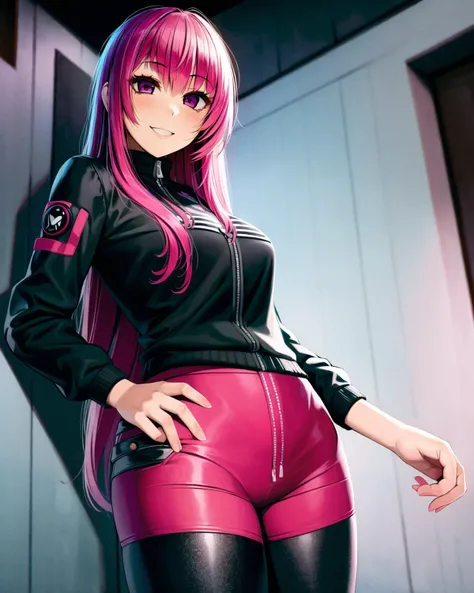 an illustration in the art-style of <lora:JellyTitsV3-000008:0.8>, art by JellyTits, 1girl, blue_hair, long_hair, red_eyes, intricate eyes, detailed eyes, eye_focus, black_jacket, cyberpunk, smile, standing, black_leggings, pink_shorts,