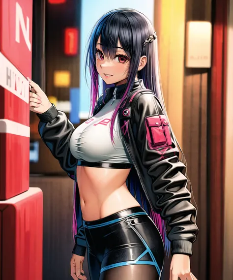 an illustration in the art-style of <lora:JellyTitsV3:0.8>, art by JellyTits, 1girl, blue_hair, long_hair, red_eyes, intricate eyes, detailed eyes, eye_focus, black_jacket, cyberpunk, smile, standing, black_leggings, pink_shorts