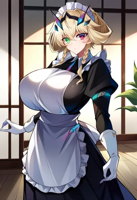 score_9, score_8_up, score_7_up, source_anime BREAK 1girl, solo, looking at viewer, cowboy shot, <lora:Barghest_Sdxl:0.9>, Barghest_Maid, platinum blonde hair, twin braids, short hair, sidelocks, hair up, hair bun, heterochromia, glowing eyes, maid headdress, frilled dress, pleated dress, juliet sleeves, maid apron, collar, black skirt, long skirt, white gloves, huge breasts, curvy, indoors, vila, marble floor, glass table, day, window, <lora:Netarou-Style-PonyXL-Dora-v1.3-000051:1>