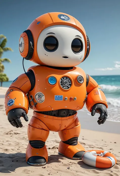 cute robot, lifeguard, waterproof, rescue, swimmer, Life-buoy  chest, beach, <lora:Cute_Robots:1>, [ 3D rendering, 3d style, hyper detailed, octane render, Unreal engine 5, RTX shader, hyper detailed texture with reflection, HDR, ultra realistic, raytracing]