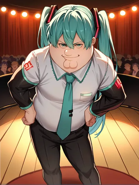 score_9, score_8_up,score_7_up, source_anime,
1boy, solo, Peter Griffin, <lora:PeterGriffin_iamkowai_PXL_Leaf1:1>, cowboy shot, hatsune miku \(cosplay\), stage, stage lights, thighhigh, pov, selfie, hand on own hip, indoors