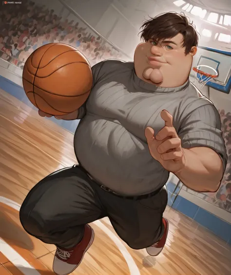 BREAK adult male, Peter Griffin,  basketball hoop, grey sweater, black pants,Peter Griffin shoots a three-pointer on the basketball court, jumping,basketball hoop, green fn, dynamic pose,( three-pointer:1.1),
BREAK score_9, score_8_up, score_8, source_western, <lora:PeterGriffin_iamkowai_PXL_Leaf1:0.9> <lora:2D_Realistic_style:0.8>