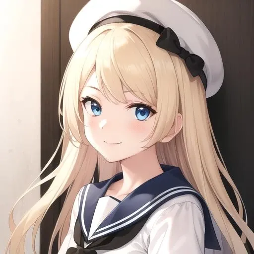 ((masterpiece)),(best quality),official art,extremely detailed CG,unity 8k wallpaper,ultra detailed,1girl,solo,upper body,(portrait:1.2),white_headwear,white_gloves,blonde_hair,blue_sailor_collar,blue_eyes,sailor_dress,white_dress,sailor_collar,long_hair,sailor_hat,short_sleeves,looking_at_viewer,smile,white_socks,mary_janes,<lora:Jervis(kan)>,