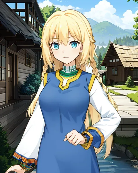 masterpiece, high quality, 1girl, intricated, detailed eyes, mgrcolga, (close shot), side view, outdoors, medieval, village, walking, blonde hair, blue eyes, twin braids, hand on braid, looking at viewer, long medieval blue dress with yellow edgings, white sleeves with red edgings, white with green high collar, <lora:mgrcolga-000018:0.8>