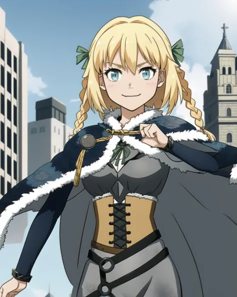 masterpiece, high quality, intricated, mgrcolga, ((dynamic pose)), looking at viewer, medium shot, upper body, medieval, city, street, outdoors, blonde hair, blue eyes, twin braids, twin green bows in hair, light smile, blue fur cloak with white edgings, iron medieval chainmail hauberk with golden edgings, brown corset, black belt, sword on belt, blue sleeves with metal bracelets, blue medieval pants, <lora:mgrcolga-000018:0.9>