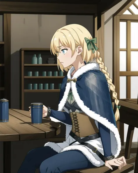 masterpiece, high quality, intricated, detailed eyes, mgrcolga, cowboy shot, indoors, medieval, tavern, side view, table, chair, sitting on chair, cup, cup in hand, blonde hair, blue eyes, twin braids, twin green bows in hair, blue fur cloak with white edgings, iron medieval chainmail hauberk with golden edgings, medieval chainmail skirt, brown corset, black belt, sword on belt, blue sleeves with metal bracelets, blue medieval pants, <lora:mgrcolga-000018:0.8>