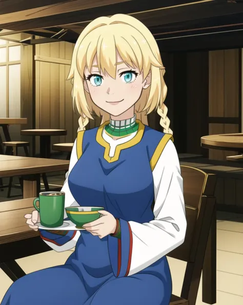 masterpiece, high quality, intricated, detailed eyes, mgrcolga, cowboy shot, light smile, indoors, medieval, tavern, table, chair, sitting on chair, cup, cup in hand, blonde hair, blue eyes, twin braids, long medieval blue dress with yellow edgings, white sleeves with red edgings, white with green high collar, <lora:mgrcolga-000018:0.8>