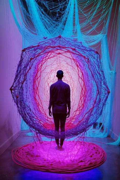 Installation: A massive, suspended net of woven neon threads, resembling a cosmic web connecting all living beings. , con_art2