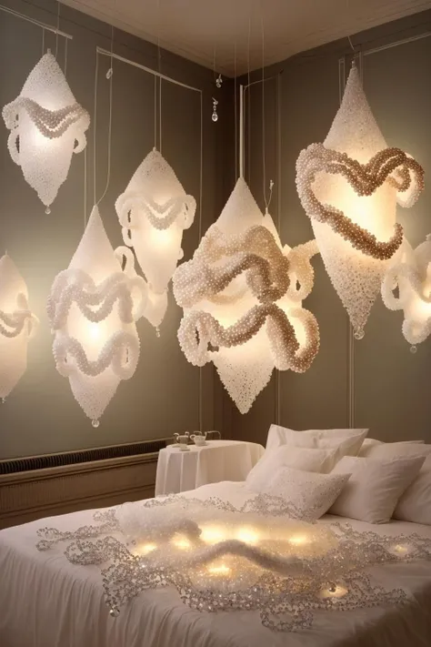 Installation: A room filled with hanging strands of delicate glass beads, creating an immersive environment of light and texture. , con_art2