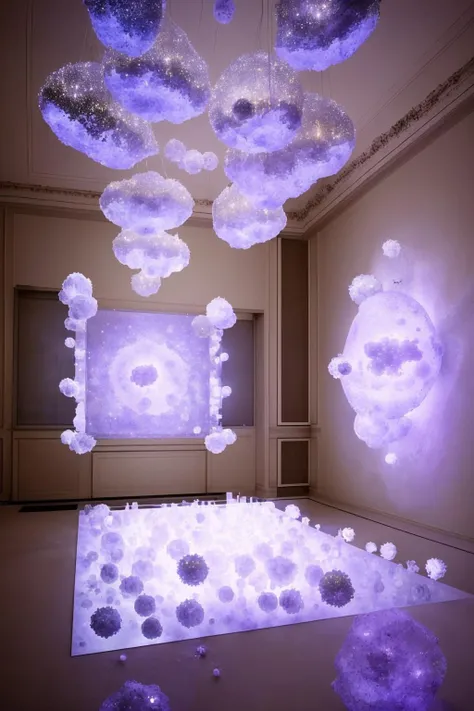 Installation: A room filled with suspended glass orbs, each containing a softly pulsating light, creating an ethereal constellation of luminescence. , con_art2