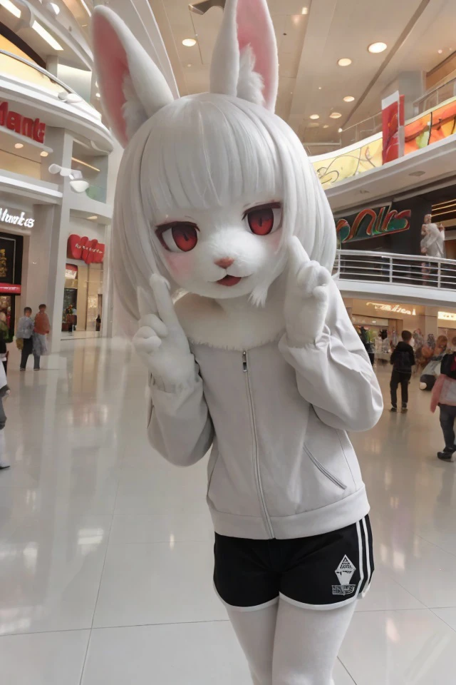 1girl, solo, rabbit ears, pale skin, dolphin shorts, furry, white fur, (faceplant:1.2), (mall:1.2), <lora:rabbit_v1:0.3>